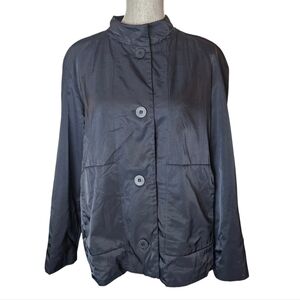 Eileen Fisher Button-Up Jacket Womens Size L Black Satin Fleece-Lined Collarless